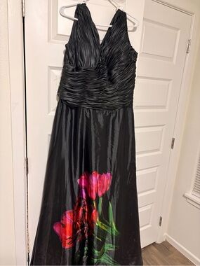 May Queen Black Evening Gown with Pink and Red Floral Accent